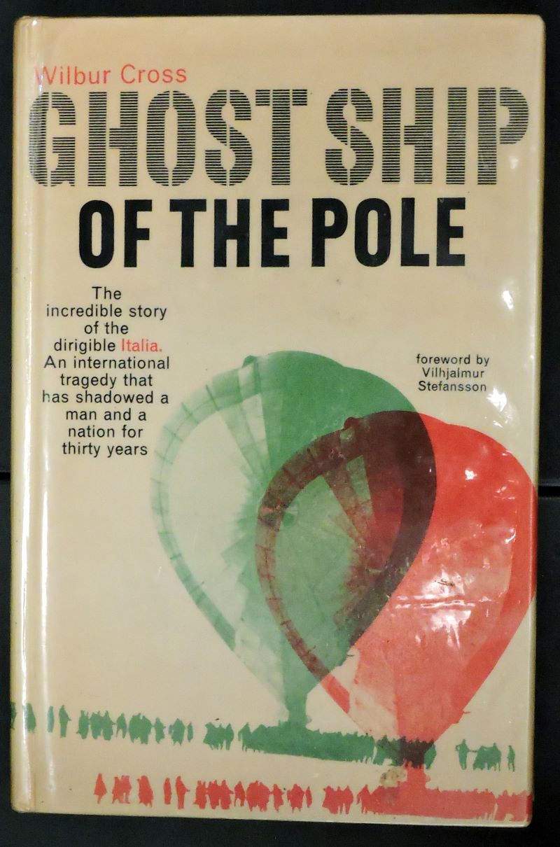 Picture of colour pictorial dust jacket of book showing stylised red and green front views of the Airship